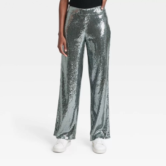 A New Day Women’s Silver Sequin Trouser Pants Size 4 Wide Leg - Picture 1 of 9